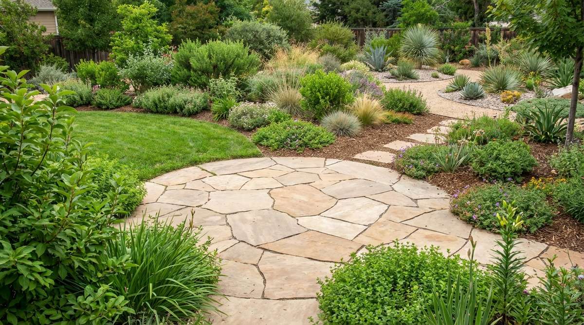 A diagram illustrating hydrozoning in a contemporary garden, showing distinct irrigation zones: high water near patios, moderate water in general beds, and low water at perimeters, with transition zones for a cohesive design.