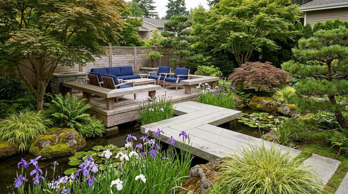 A viewing platform within a Japanese garden, featuring a stationary section of a yatsuhashi bridge designed for prolonged viewing of an iris pond, with seating elements to encourage social interaction and attention to curated plant and water features.