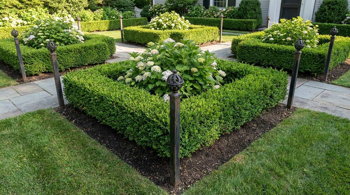 Decorative iron corner bed markers with ornamental finials, used to define planting bed boundaries in formal gardens. These metal posts are driven 8-10 inches into soil for stability and feature powder coating that complements garden color schemes.