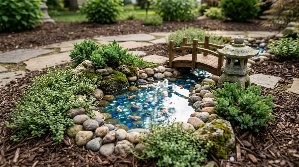 A miniature koi pond created with clear resin and blue glass gems to simulate water, featuring small fish-shaped beads as koi swimming beneath the surface. The pond is surrounded by small rocks and cascading plants, with a miniature bridge and stone lantern for authentic Japanese garden decor. The glass gems catch light to create a shimmering water effect without actual moisture.