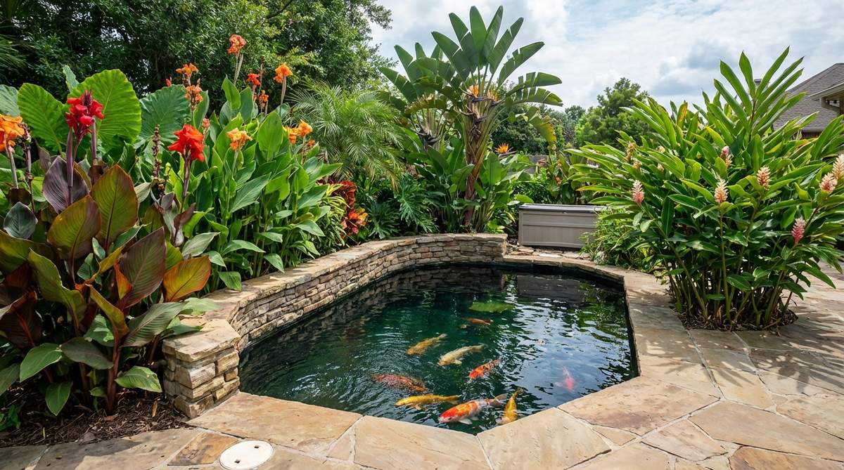 A dedicated koi pond transformed into a tropical feature by surrounding it with bold foliage like cannas, bird of paradise, and ginger. The pond maintains a minimum 3-foot depth with proper filtration, and the movement of koi fish adds dynamic interest to the vibrant tropical garden scene.