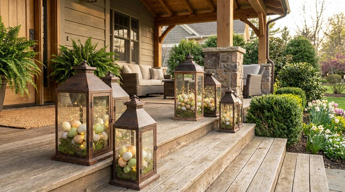 Decorative lanterns filled with artificial eggs, moss, and fairy lights, arranged on porch steps or tables for Easter outdoor decor. Features hinged doors for easy seasonal changes and wind-protected designs.