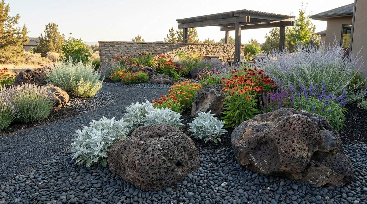 A dramatic garden design featuring dark volcanic materials, including porous lava rock boulders and smooth black basalt gravel. This monochromatic dark palette creates a striking backdrop for silver-leaved plants and bright flowering perennials, offering excellent drainage and insulation for plant roots in modern landscapes.