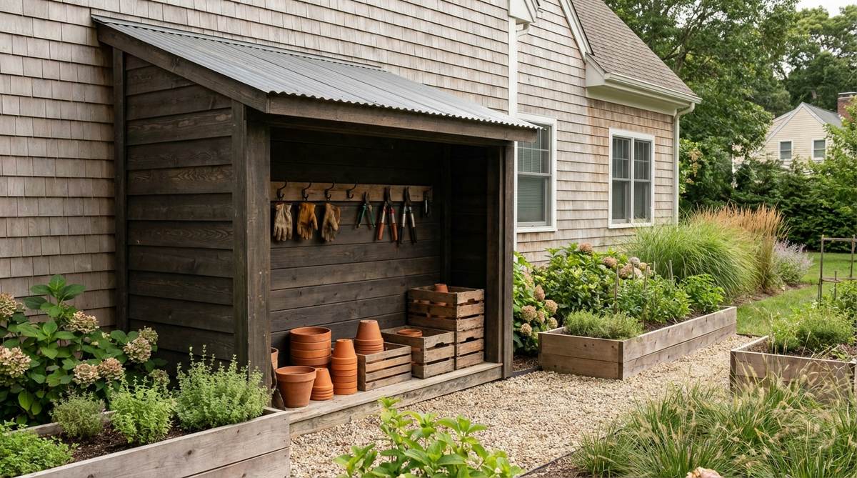 A lean-to garden shed attached to an existing structure, featuring a single-slope roof and convenient storage for gardening tools like pruners and gloves, with cohesive or contrasting design elements.