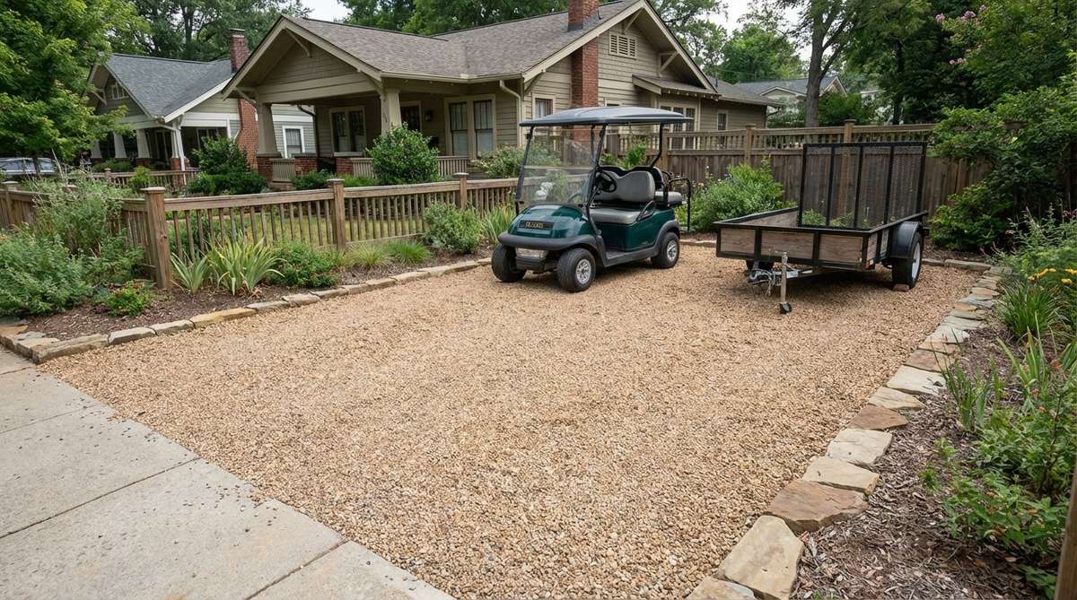 A permeable pea gravel parking pad designed for lightweight vehicles like golf carts or trailers, featuring a compacted base and edging to prevent runoff and maintain stability.