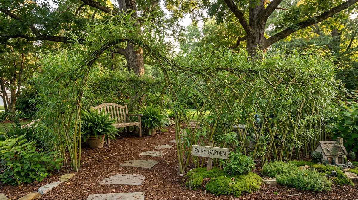 A living willow screen divider woven from thin willow whips, creating an organic partition in a fairy garden. The flexible screen divides garden spaces while maintaining natural authenticity, perfect for concealing compost areas, separating themed zones, or creating private seating alcoves.