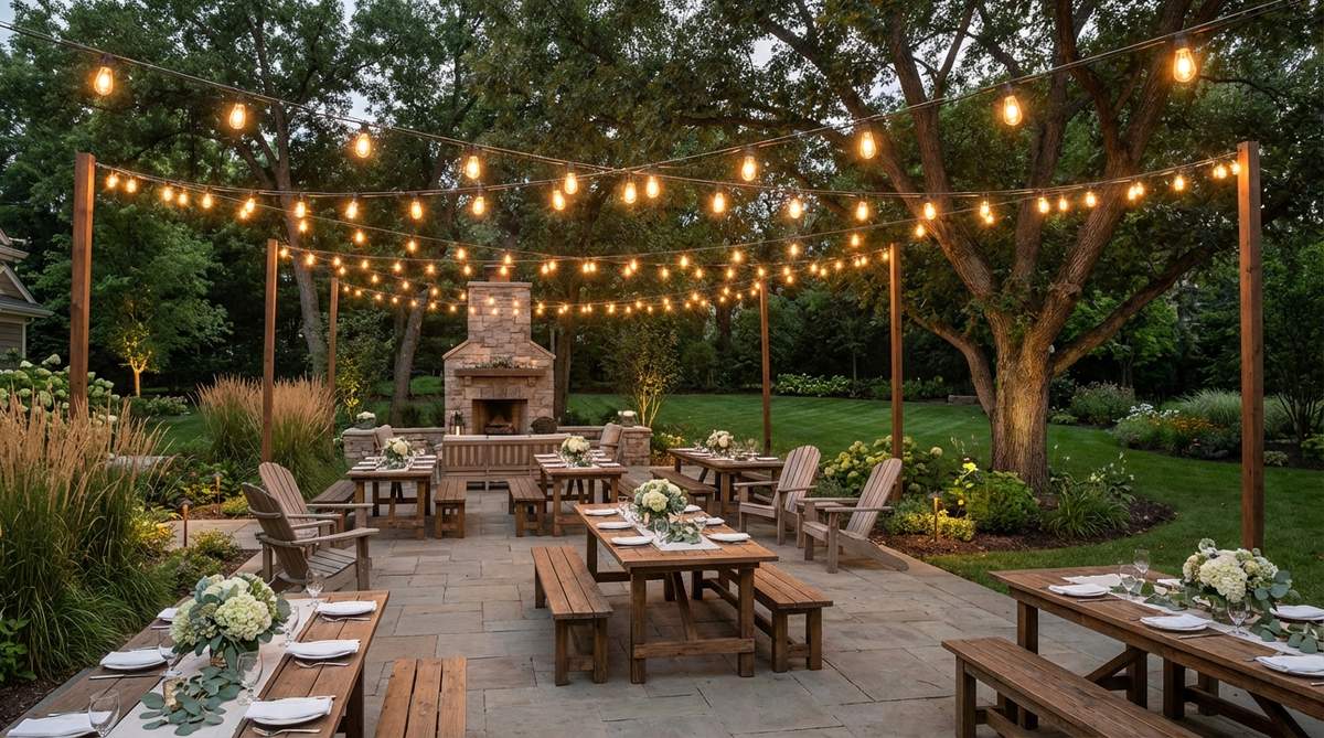 A glowing canopy of market lights draped overhead, creating a defined reception area with parallel or crosshatch patterns that cast flattering downward light on guests and tables, perfect for versatile garden wedding settings like backyards, venues, or beaches.