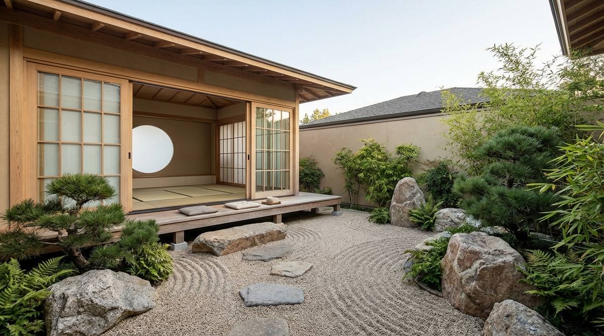 A modern Japanese rock garden adjacent to a meditation room, featuring sliding glass walls that open to create a seamless indoor-outdoor contemplative space with balanced proportions for spiritual practice.