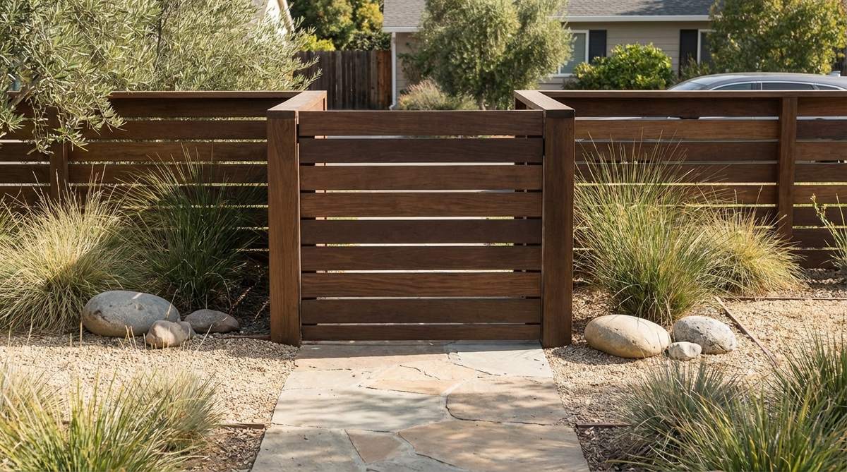 A minimalist wood slat gate featuring clean vertical or horizontal lines with concealed hardware, ideal for modern garden fences. This design emphasizes simplicity and restraint, using hidden fasteners and magnetic catches for a seamless, uncluttered appearance that suits contemporary homes.
