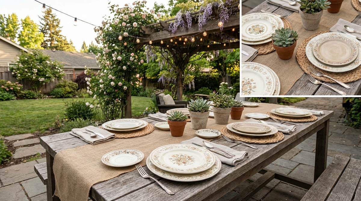 A collection of mismatched vintage plates in varied patterns, showcasing ivory, cream, and soft earth tones for a boho decorations party, creating visual interest and a personalized dining experience.