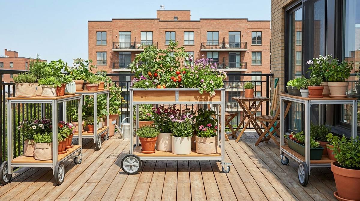 A mobile trolley garden featuring wheeled plant stands with containers for easy movement on an urban balcony, ideal for sun tracking, cleaning, and entertaining with locking wheels and balanced weight distribution.