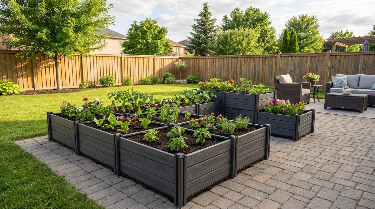 A modular snap-together garden bed system made of composite plastic or aluminum panels, designed for easy assembly and reconfiguration in small backyard spaces. Ideal for renters and seasonal gardening, allowing expansion and portability without tools.