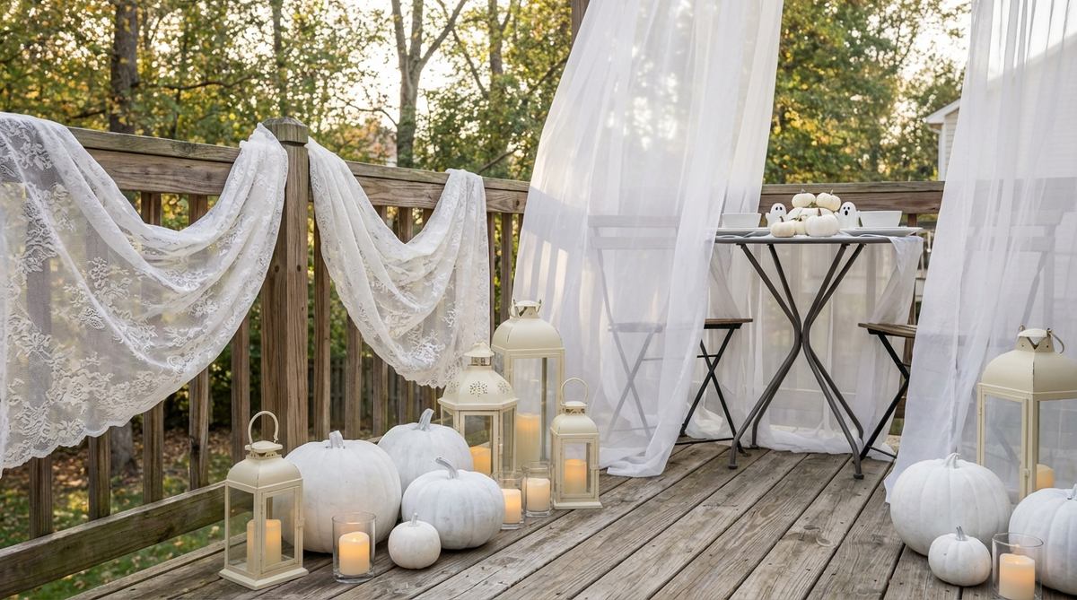 An elegant Halloween balcony decor featuring an all-white color palette with white pumpkins, lanterns, candles, and lace, creating a ghostly and sophisticated look. Includes tips for using chalk paint and soft lighting to enhance the theme.