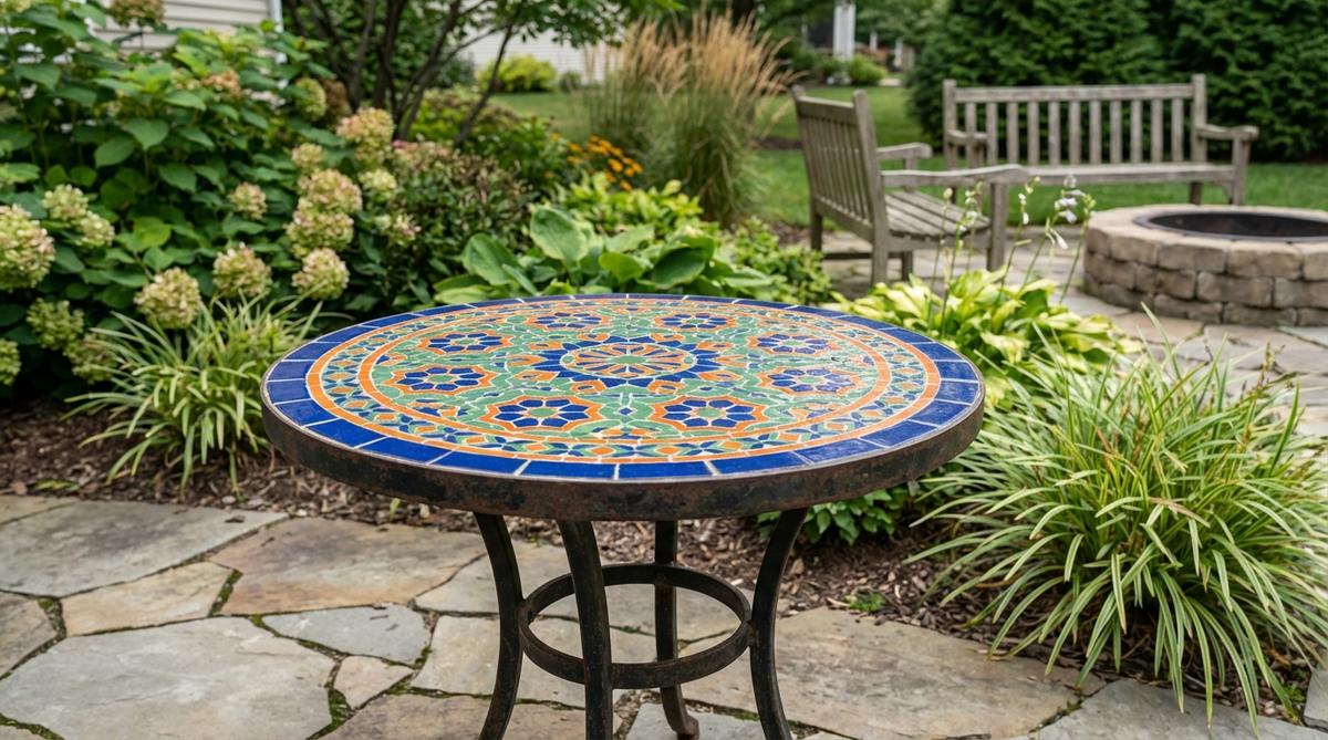 A boho garden side table featuring hand-laid ceramic tile mosaics in geometric or floral patterns on a wrought iron or wood base, designed for waterproof durability and vibrant Mediterranean flair.