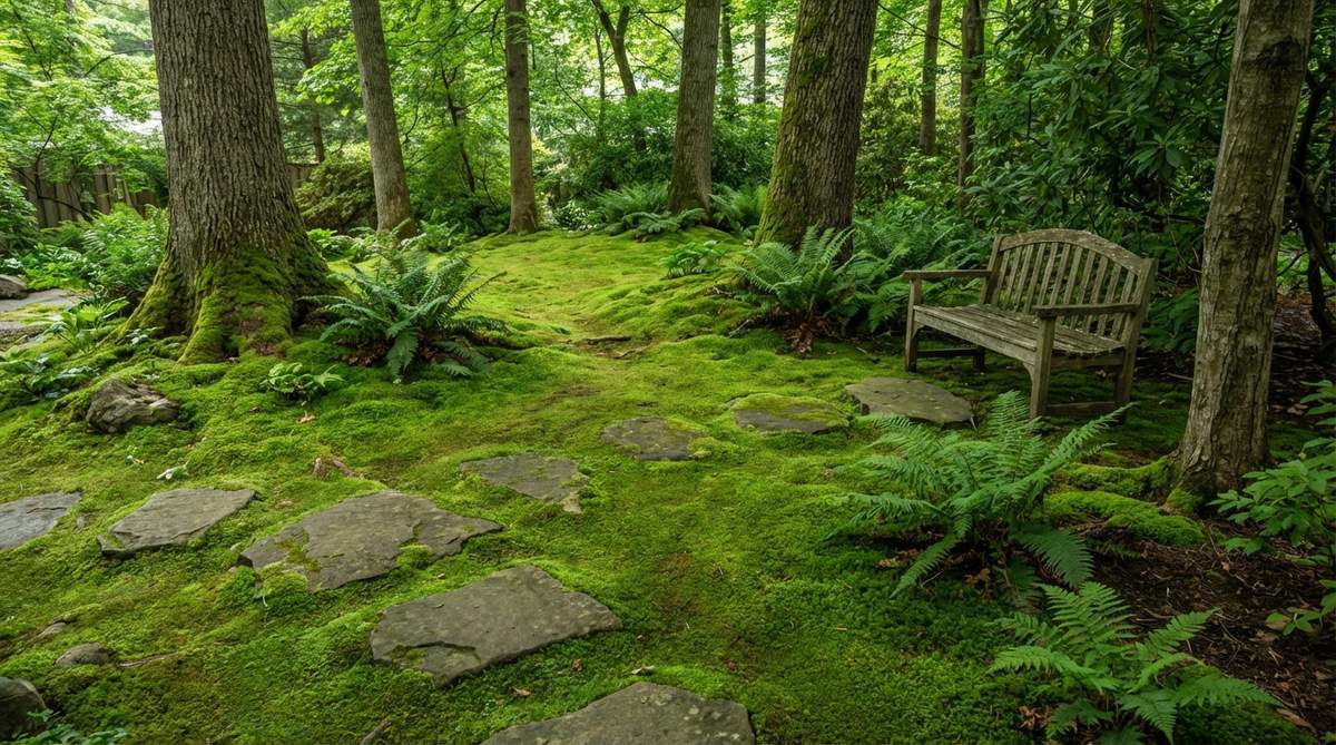 A minimalist moss garden with a velvety green ground cover that creates a unified, distraction-free space in a shaded area with consistent moisture.