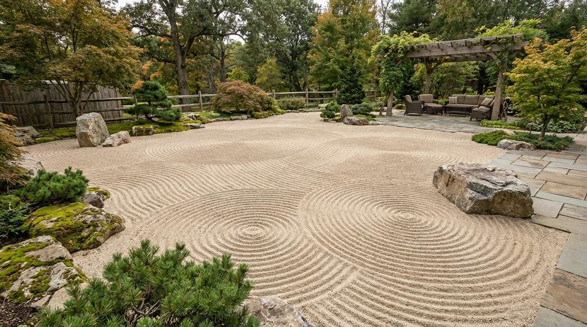 An illustration of a Zen garden sand pattern featuring multiple flow patterns originating from different points and interacting across the surface, representing converging forces or meeting influences. The design shows several origin points with different pattern types flowing from each, blending in transitional zones rather than creating hard boundaries, suitable for large gardens with multiple viewing perspectives.