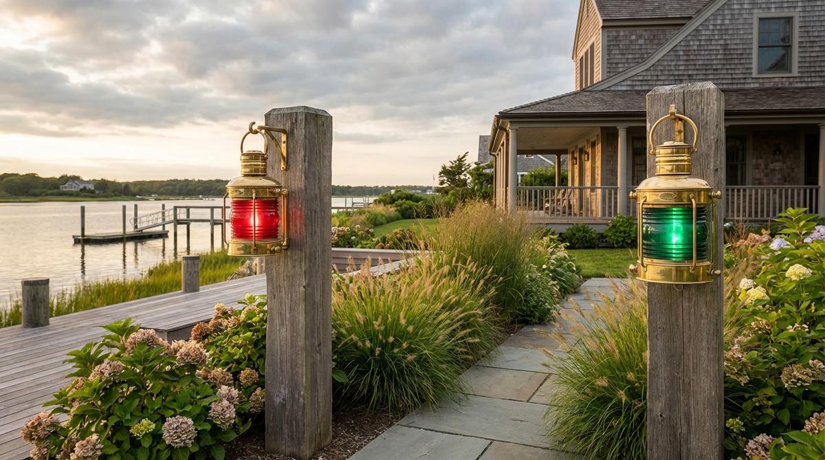 Reproduction maritime signal lights with red and green lenses that reference port/starboard navigation lighting traditions. These historically accurate nautical ship lanterns feature solid brass construction with heavy glass lenses for authentic weight and durability, making them ideal for waterfront properties, boat houses, and outdoor decor lighting. Electric conversions maintain exterior authenticity while simplifying operation.