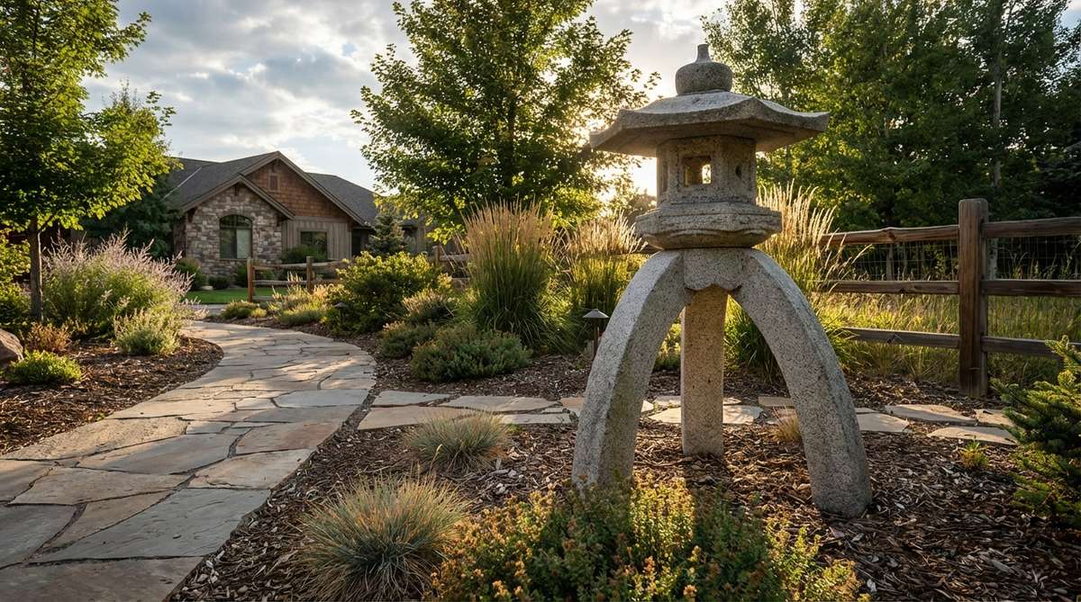 A stone garden lantern replica based on specimens from Tokyo's Nezu Museum, featuring exaggeratedly curved legs that create dynamic movement and sculptural drama. Ideal for placement beside pathways where the leg curves can be appreciated in profile, especially when backlit by low-angle sunlight.