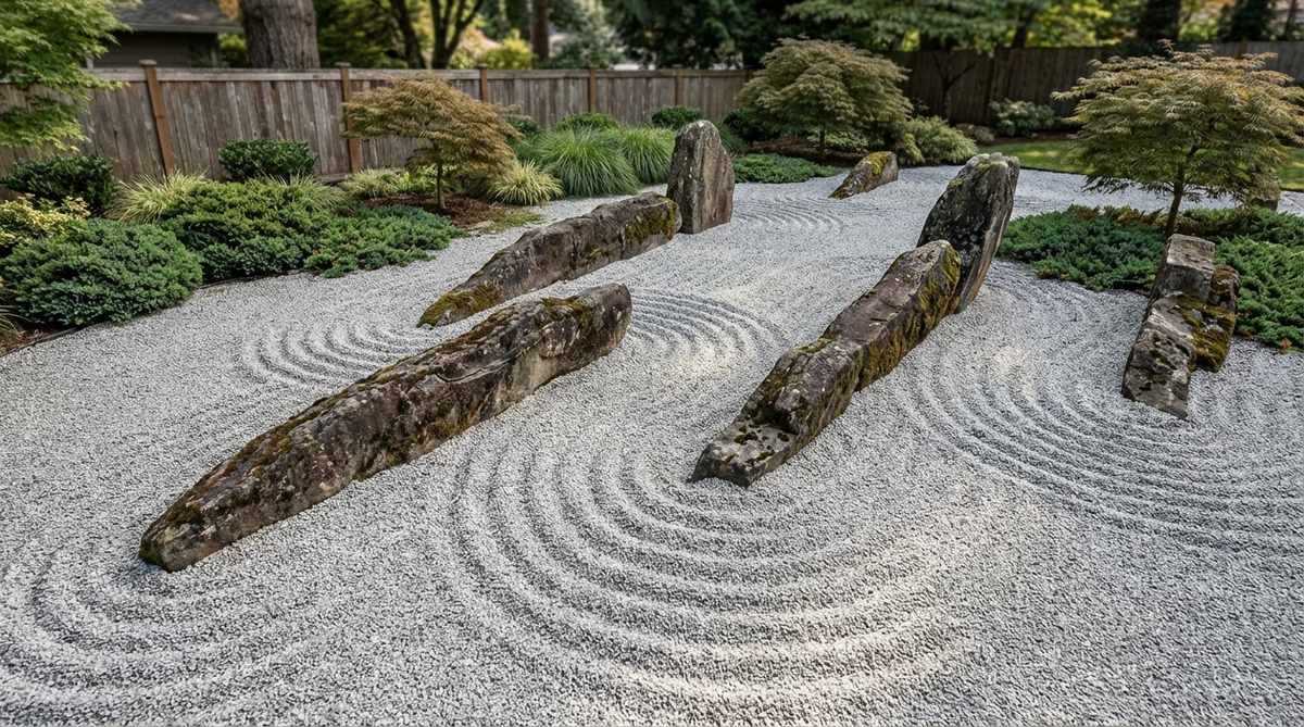 A Japanese garden scene featuring the ocean wave rock pattern, with long low rocks emerging diagonally from raked gravel to create dynamic movement. The gravel is raked in wave patterns that flow around and over the partially buried stones, creating rich visual texture that mimics waves approaching shore.