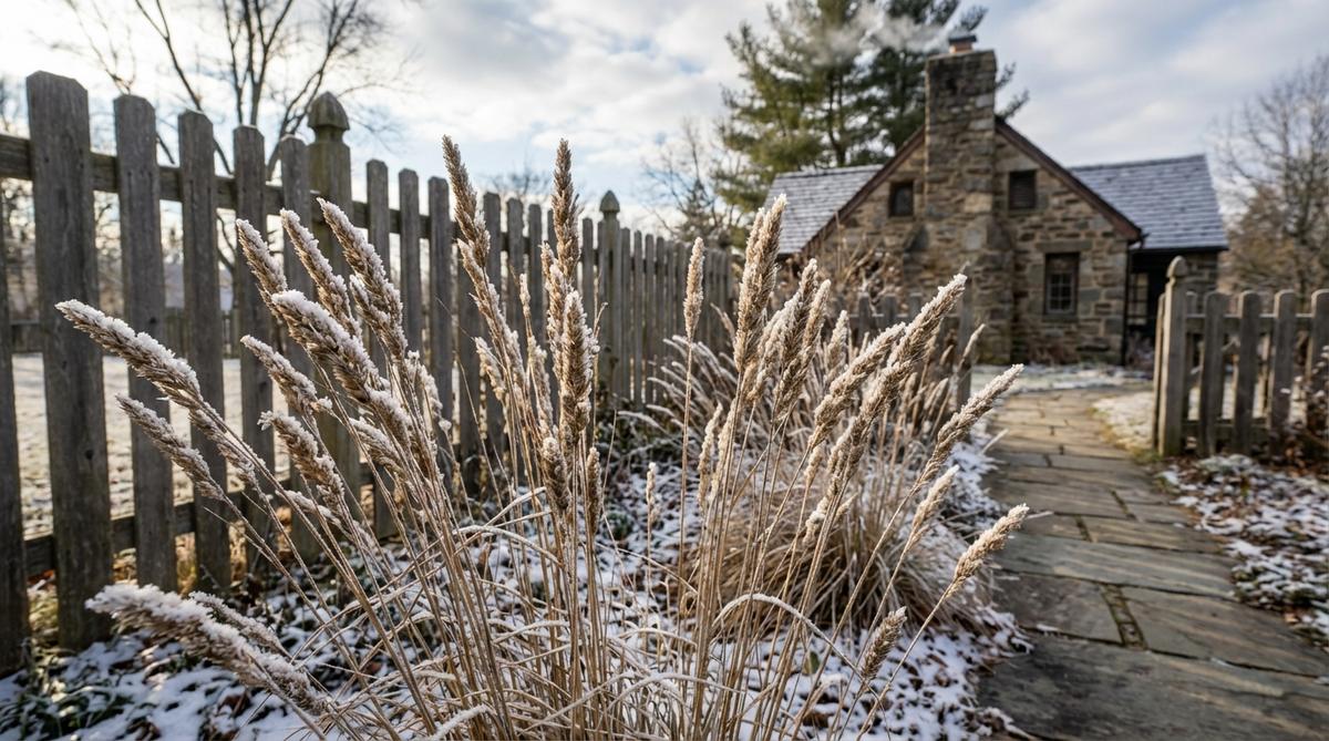 A close-up view of compact ornamental grasses like 'Little Bluestem' or 'Shenandoah' switchgrass, showcasing their upright form and seedheads that catch snow and frost, creating sculptural interest during the winter season in a small garden cottage setting.