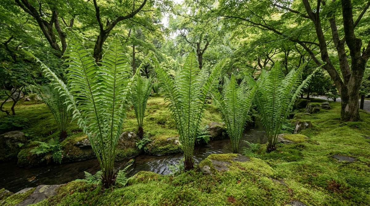 Tall elegant ostrich fern fronds creating dramatic vertical presence in a Japanese moss garden, with moist shade conditions ideal for this robust fern species. The Matteuccia struthiopteris displays its characteristic unfurled fronds reaching 4-5 feet in height, suitable for naturalistic plantings along streams or in woodland settings typical of Japanese garden design.