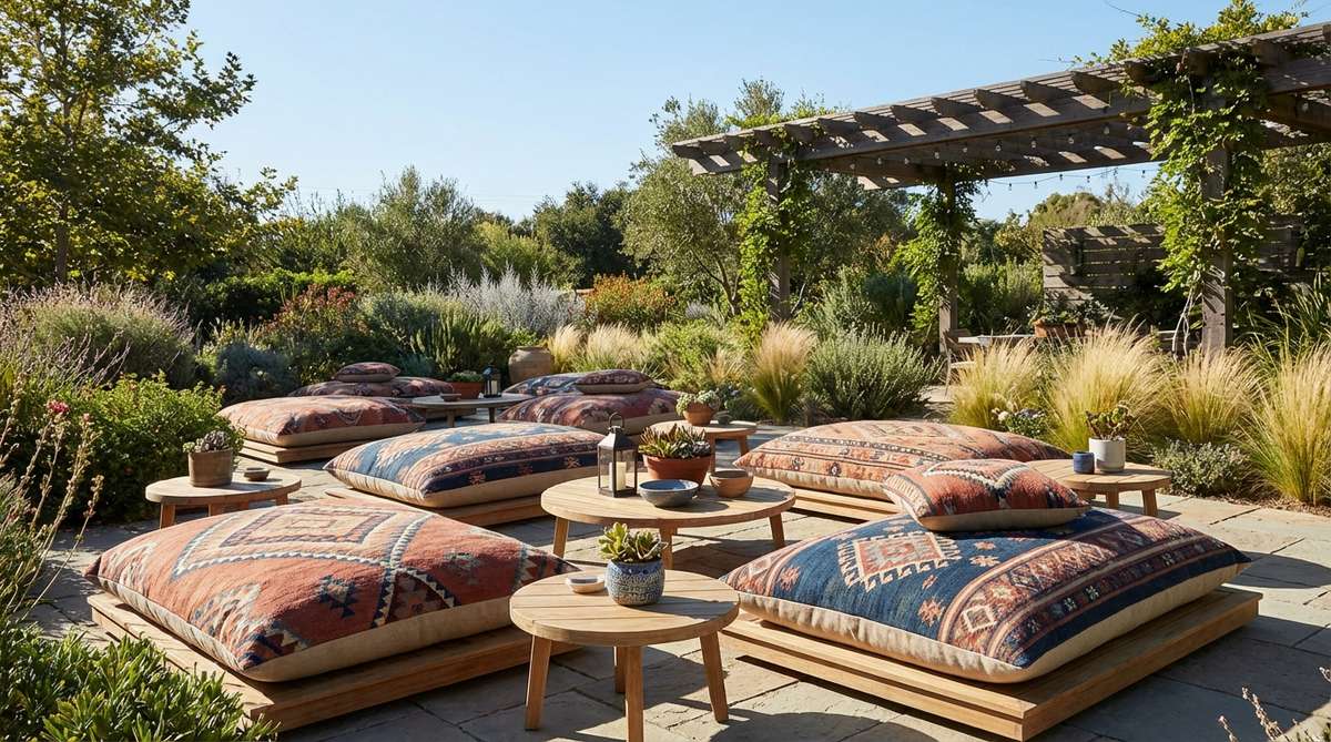 Oversized weather-resistant floor cushions arranged in circular formations for outdoor boho decor. Features bold patterns, low wooden platform base, and creates relaxed conversation pits for dining and lounging.