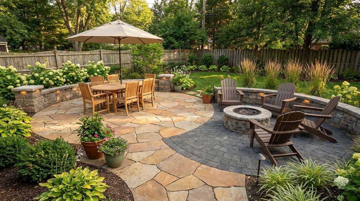 A small garden patio featuring overlapping circular paver sections that define separate zones like dining and fire pit areas, with contrasting colors and patterns for visual unity and efficient space use.