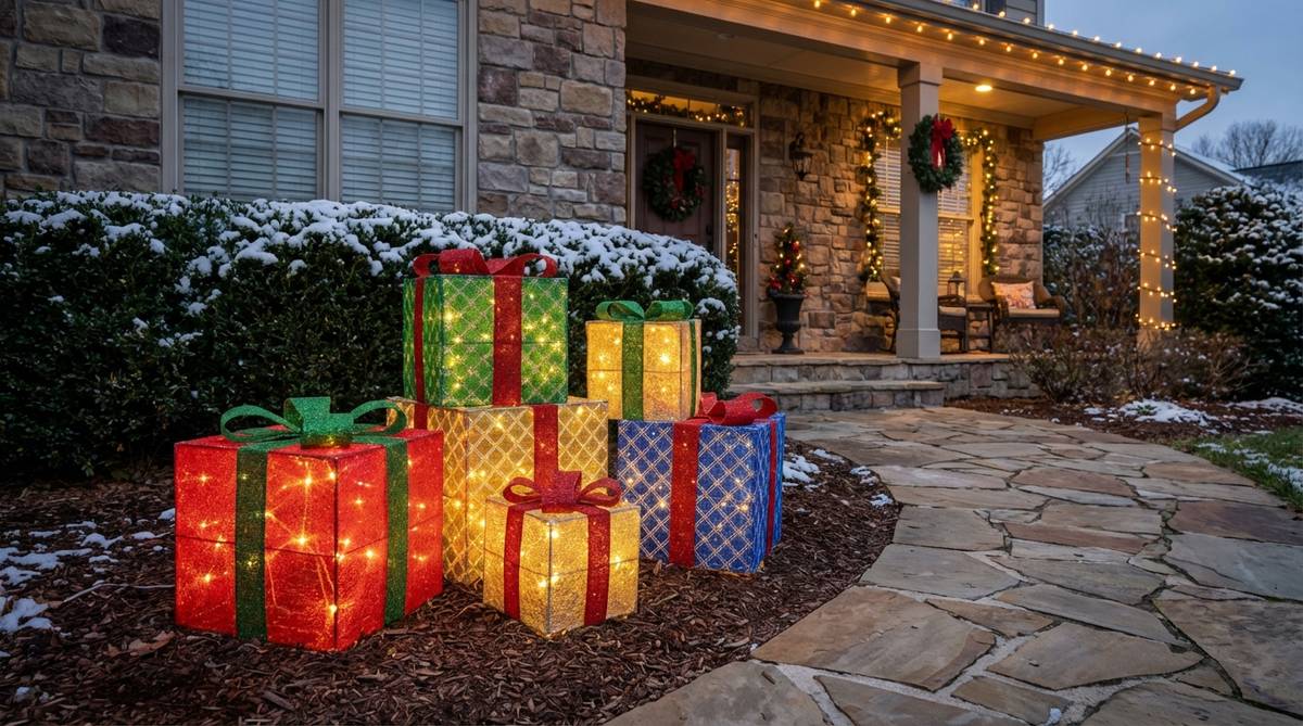 A festive outdoor Christmas decoration featuring large illuminated gift boxes stacked in varying sizes, creating bold geometric forms with holiday wrapping paper patterns and ribbon details. The pre-lit boxes are arranged in an odd-numbered grouping near a home entrance or lawn area, symbolizing holiday generosity through the universally recognized present motif.