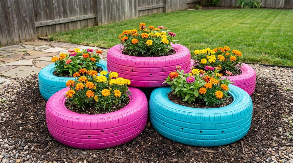 A vibrant outdoor decor image featuring recycled tires painted in electric pink and turquoise, used as planters housing heat-loving marigolds and zinnias. The circular planters are arranged in an odd-number grouping, showcasing a creative and eco-friendly spring gardening idea. The setup includes shallow and deep planter variations with drilled drainage holes for optimal plant growth.