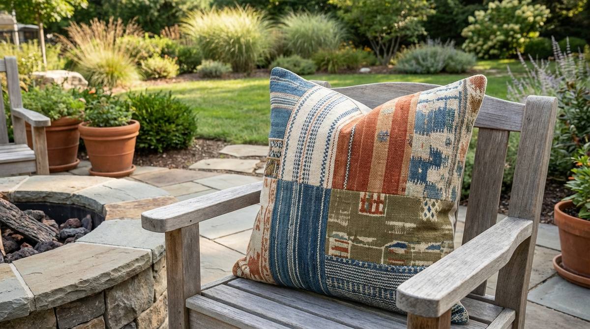 A boho decor pillow featuring eclectic patchwork designs made from recycled textile sections in coordinating patterns. This sustainable pillow adds visual interest and conversation value to seating areas with its unique pieced fabric sections that each tell their own story while creating a unified whole.