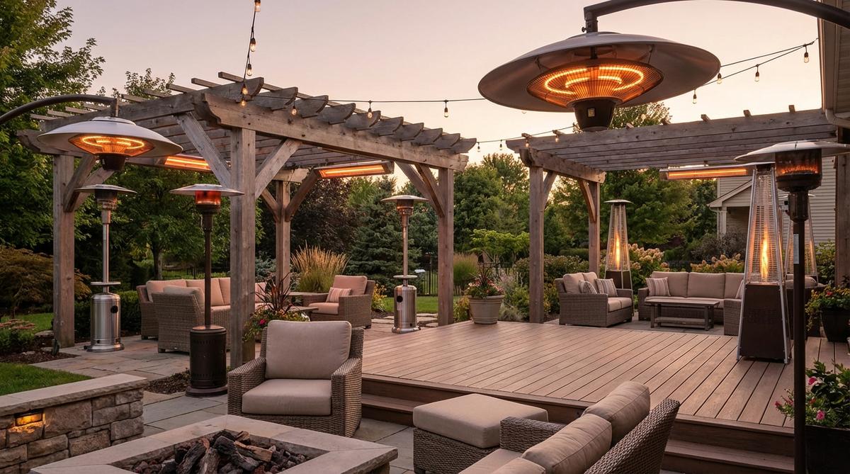 A cozy garden scene showing freestanding propane and electric patio heaters creating overlapping warmth zones. Umbrella-style heaters direct heat downward at seating level, while wall-mounted infrared models provide space-saving warmth under pergolas.