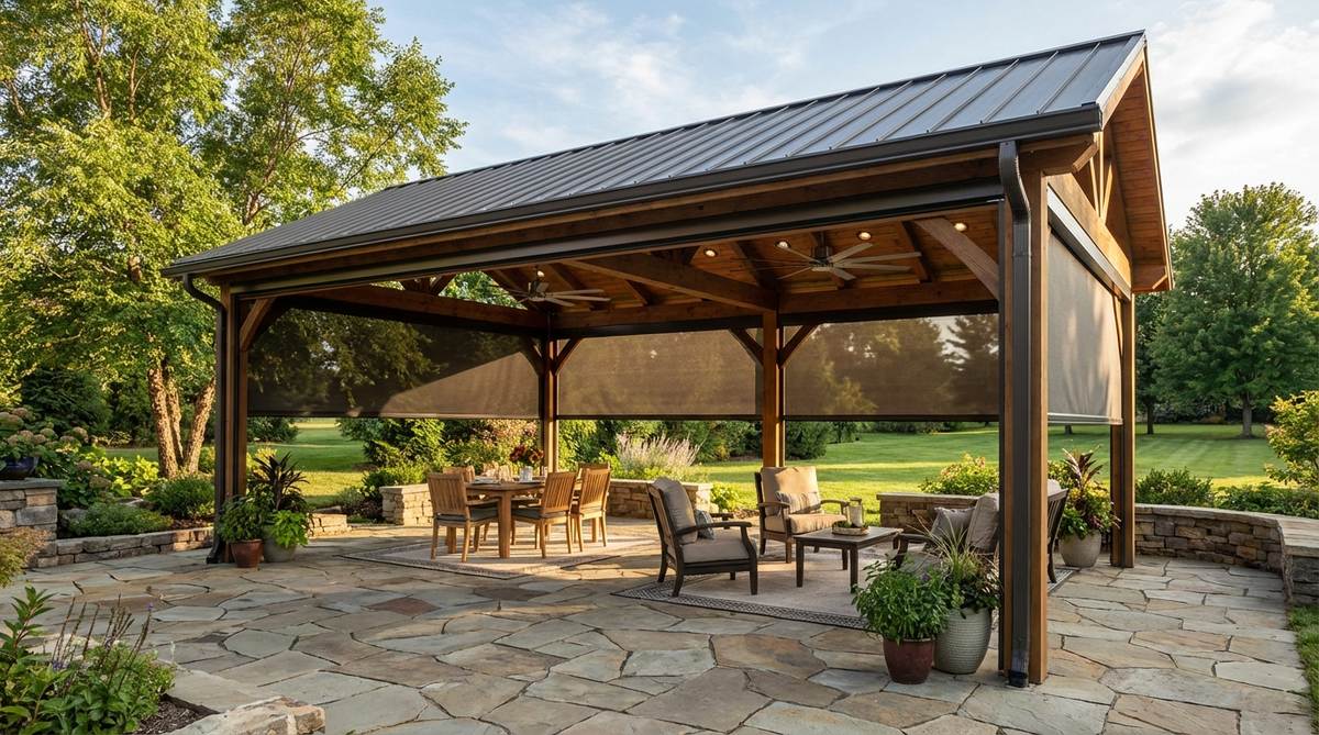 A solid-roof pavilion covering 50-80% of a patio, featuring motorized retractable screens on three sides for versatile outdoor living. Ideal for intimate dining with insect protection or open lounging and entertaining, this structure includes UV-resistant mesh, ceiling fans, and lighting fixtures to enhance comfort in outdoor decor settings.