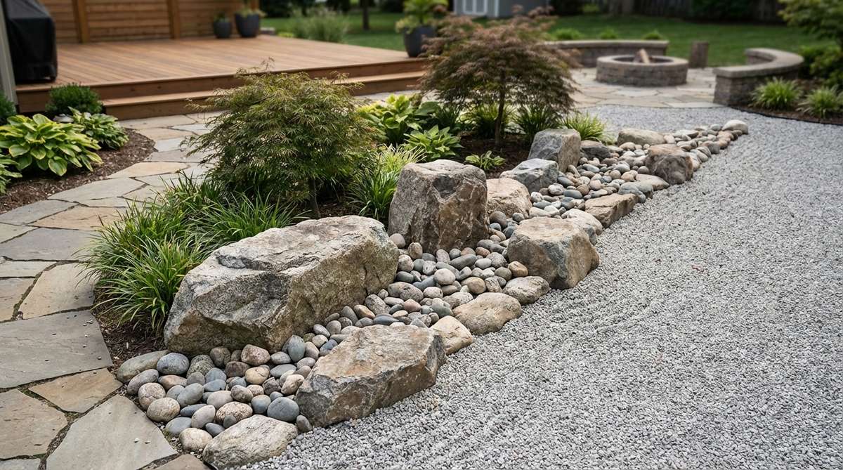 A Japanese stone garden feature showing a linear arrangement of stones extending from the edge into gravel, resembling a peninsula, with larger stones at the base tapering to smaller ones, designed to guide the eye and create an illusion of expanded space.