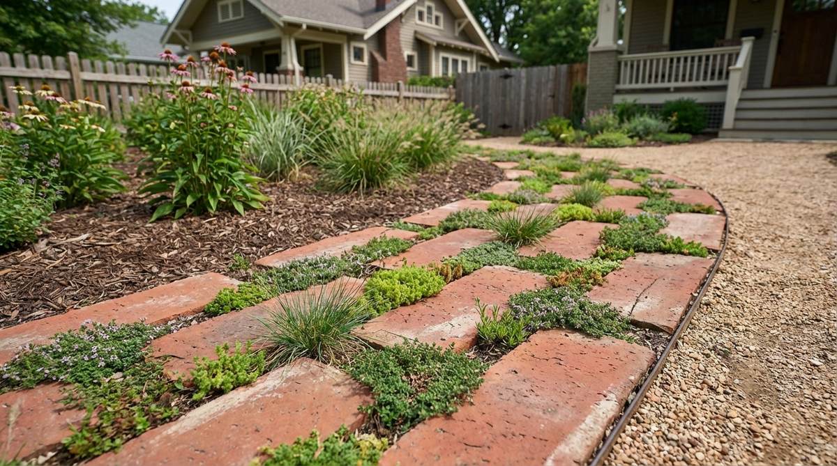 A garden border featuring wide-set bricks with planted gaps, designed to manage stormwater runoff by filtering water through soil and low groundcovers, ideal for environmentally sensitive developments.