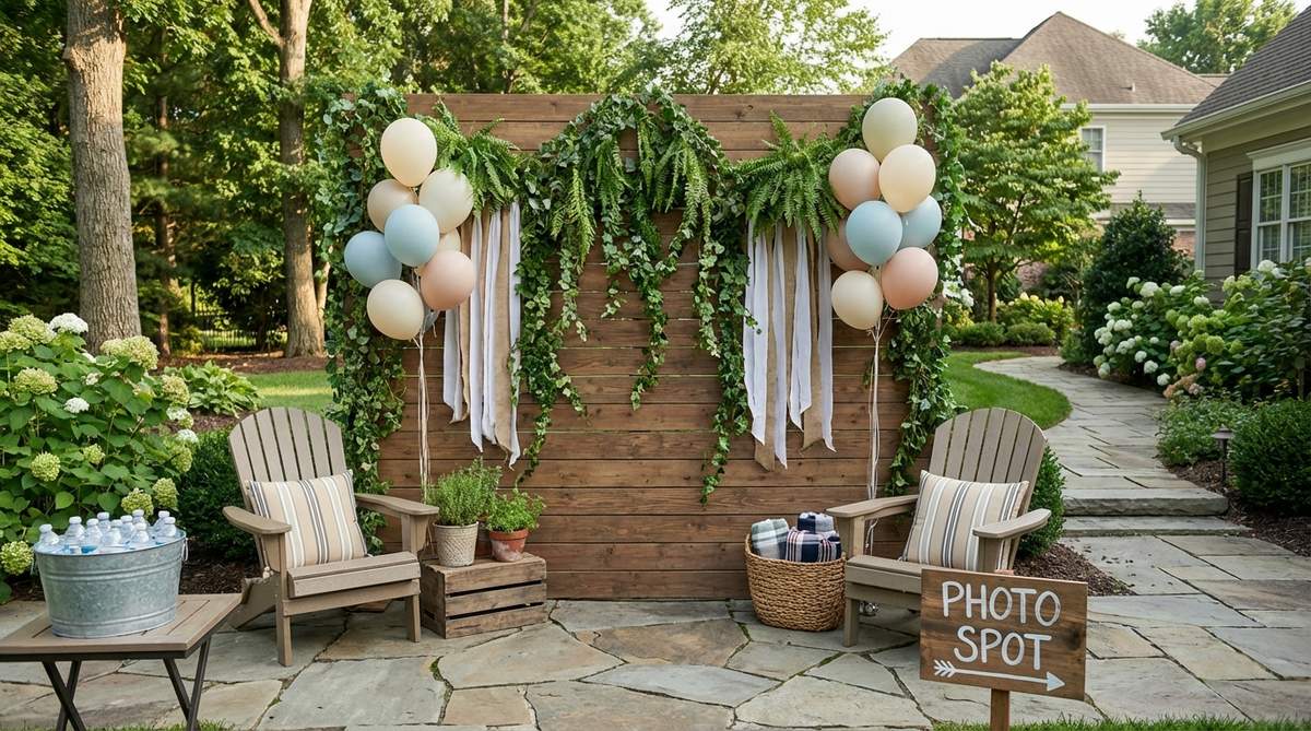 An outdoor photo backdrop wall decorated with greenery, balloons, and streamers, positioned in natural light with props nearby to create a designated photo zone for events and social media engagement.
