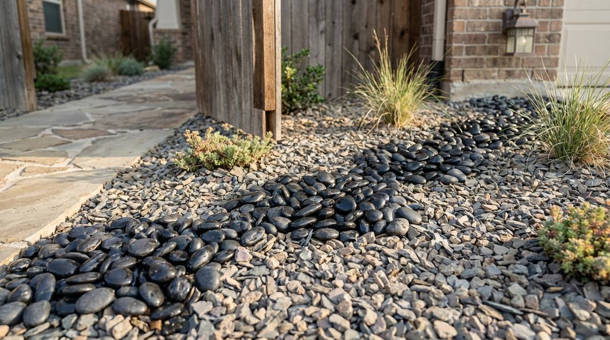 A close-up image showing polished black pebbles creating glossy accents within a matte-finish crushed stone field in a gravel garden, highlighting the contrasting surface treatments that catch light differently throughout the day, positioned near an entry area or focal point for visual impact.