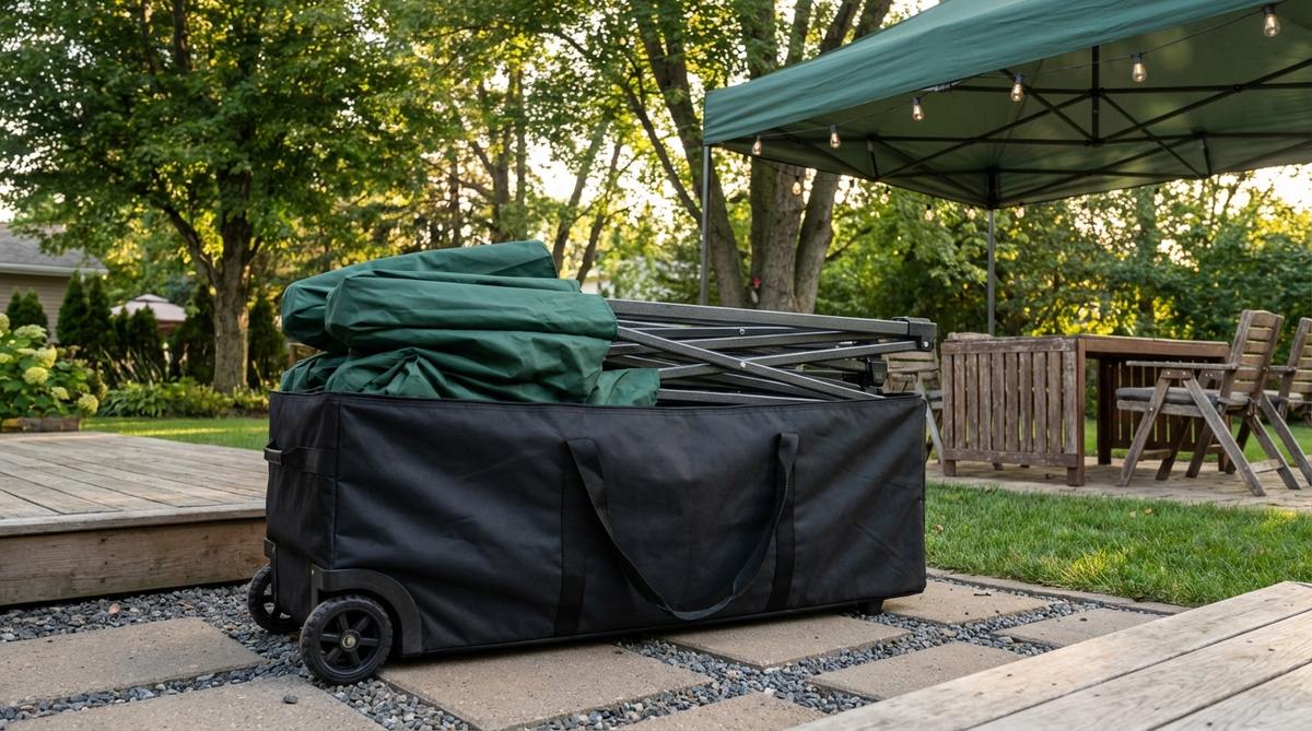 A portable pop-up gazebo with a wheeled storage bag, providing temporary shelter for garden parties, farmers markets, or outdoor workspaces. The heavy-duty 1000-denier polyester bag protects the frame and canopy during storage.