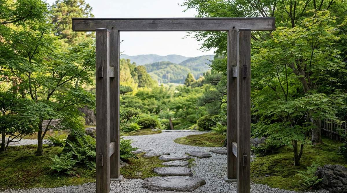 A minimalist post and beam portal frame in a Japanese garden, constructed with two posts and two beams using traditional mortise-and-tenon joinery, designed to direct attention toward scenic views beyond the gate.