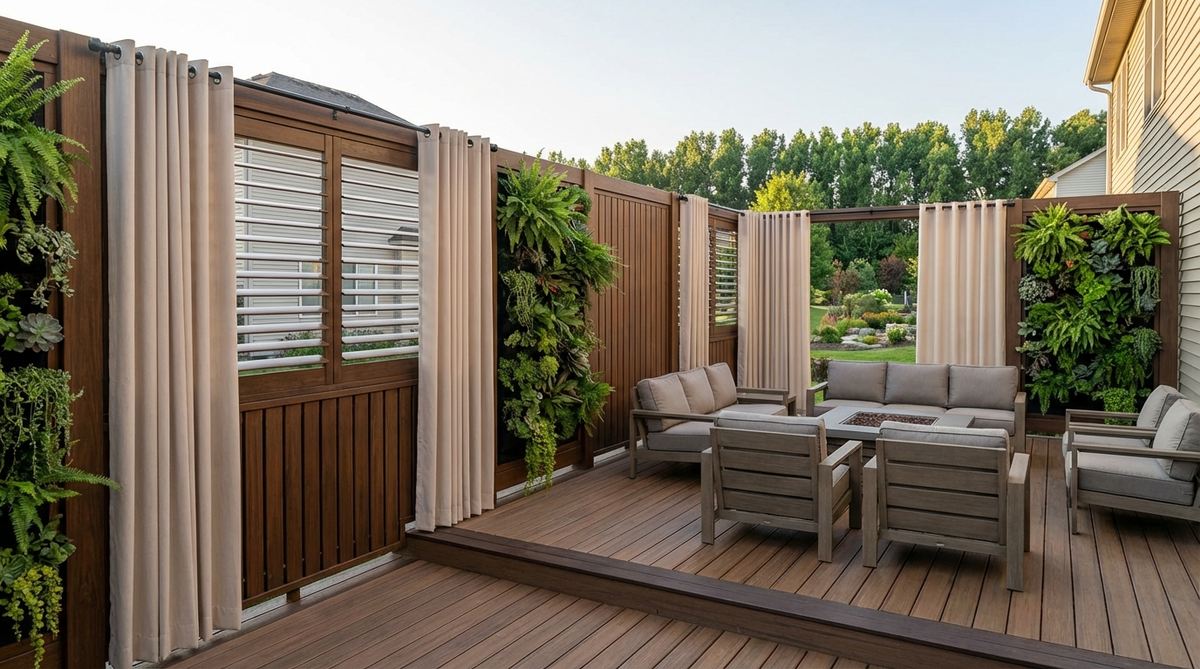 Vertical slat privacy screens, outdoor curtains, and living walls creating enclosure on a deck while maintaining airflow. Adjustable composite slats and weather-resistant fabrics on track systems block specific sightlines to neighbors while preserving desirable views.