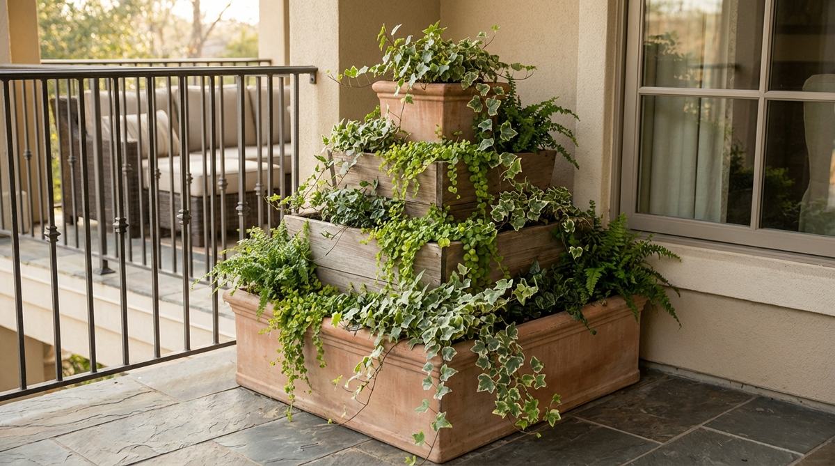 A set of nested planters stacked in a pyramid shape, ideal for balcony corner placements. The decreasing sizes create a geometric profile with trailing plants cascading over edges, providing excellent drainage and a focal point visible from indoor spaces.