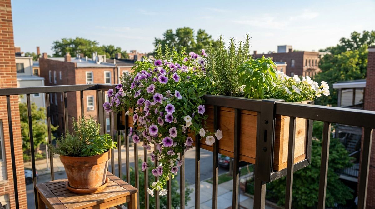 A balcony planter with integrated brackets securely mounted on a railing, featuring trailing petunias and herbs. This space-saving design maximizes growing area in apartments and condos without consuming floor space.