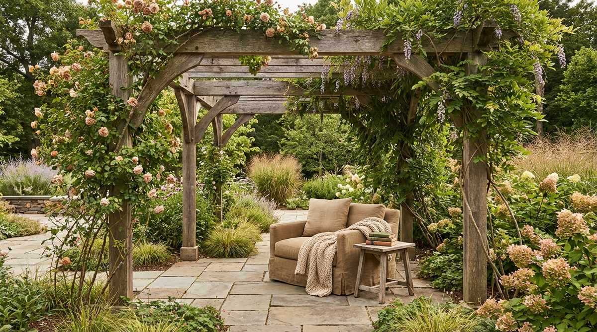 A cozy reading chair placed under a pergola covered with vines, offering a peaceful garden retreat for reading and relaxation.