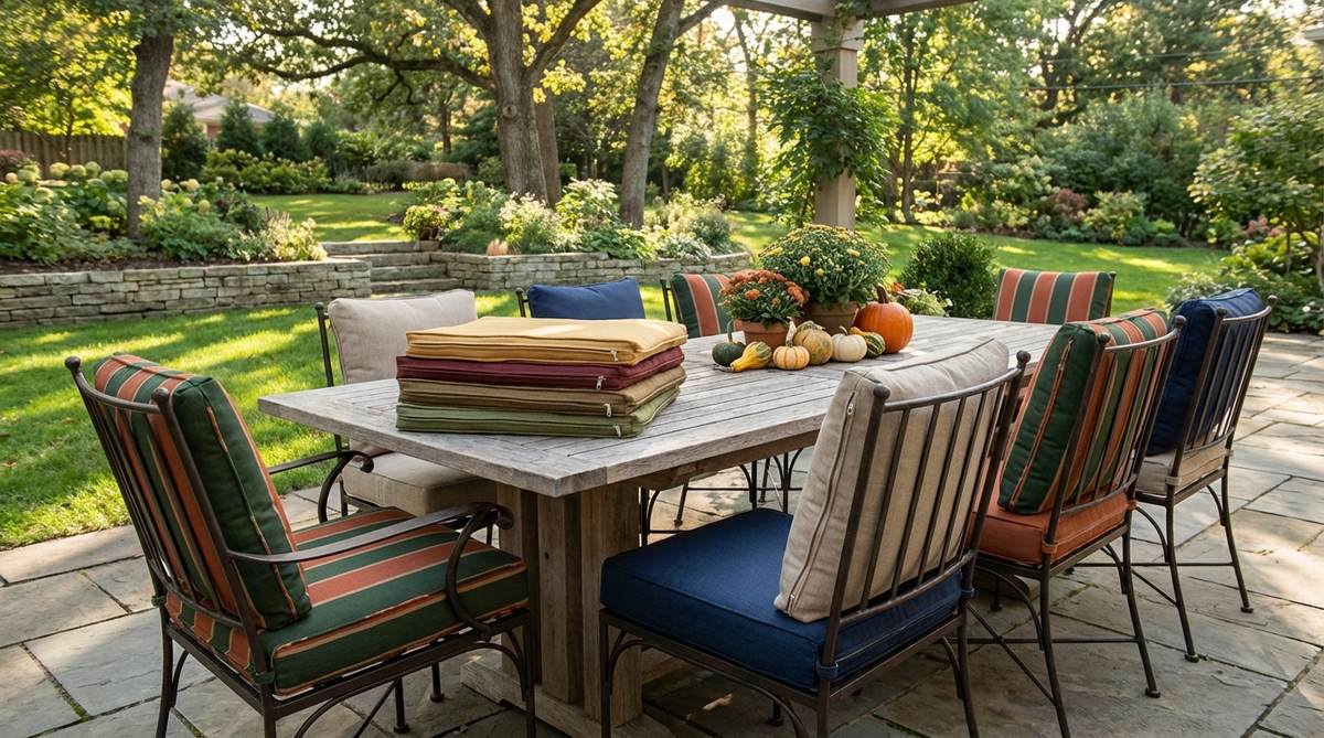 Outdoor garden table cushions with zippered removable covers in Sunbrella fabric for easy cleaning and seasonal styling changes. Shows color rotation options for matching seasonal table decor.