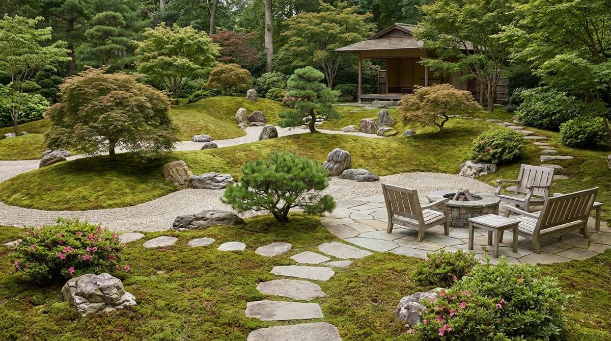 A serene Japanese Zen garden featuring gentle rolling hills with subtle undulations that create a rhythmic, natural landscape. The flowing topography suggests pastoral countryside while maintaining a calming, three-dimensional interest without dramatic elevation changes. Perfect for larger properties where these subtle grade changes register visually.