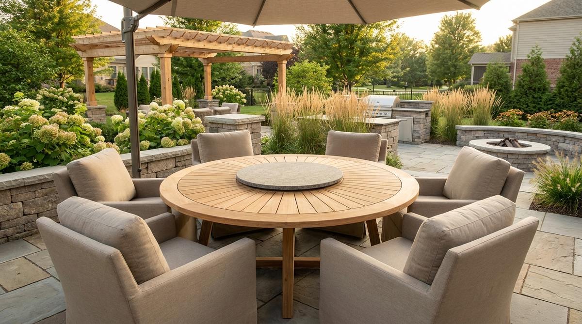 A modern round garden table with a central lazy Susan, surrounded by cushioned chairs, designed for family-style meals and social gatherings in outdoor spaces.