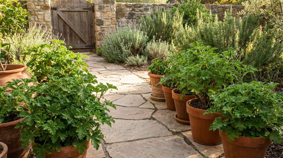 A collection of scented geranium varieties planted in terracotta pots, showcasing their textured leaves that release rose, lemon, mint, and nutmeg aromas when brushed. Arranged along garden pathways to create a fragrant Mediterranean garden experience.