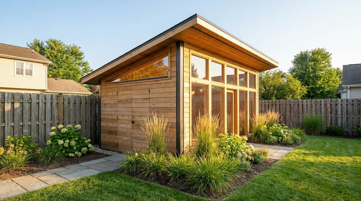 A contemporary garden shed featuring a single-plane shed roof that slopes from a high wall to a low wall, creating dynamic asymmetry and efficient water drainage. The angled form adds visual interest without ornamental complexity, with the high wall oriented to maximize natural light through strategically placed windows. The interior showcases a dramatic sloped ceiling, and the design is ideal for tight side-yard locations near property lines, with the high wall positioned for privacy.
