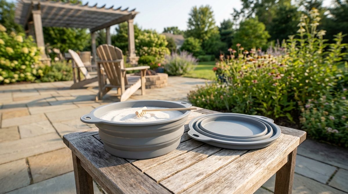 A food-grade silicone collapsible garden tray that folds flat to 1-inch thickness for easy packing and expands to 6-inch diameter for use in mini zen gardens. Features flexible walls to prevent sand loss during setup and teardown, ideal for digital nomads and travelers.