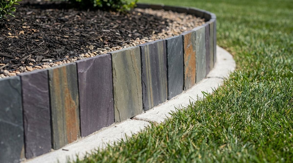 A close-up view of thin slate tiles set vertically as garden edging, showcasing their linear stratification and colors like charcoal, purple-gray, green-gray, and rust. The minimalist border separates garden materials with a smooth surface and sharp edges, suitable for modern designs, with tiles partially buried in concrete for stability.