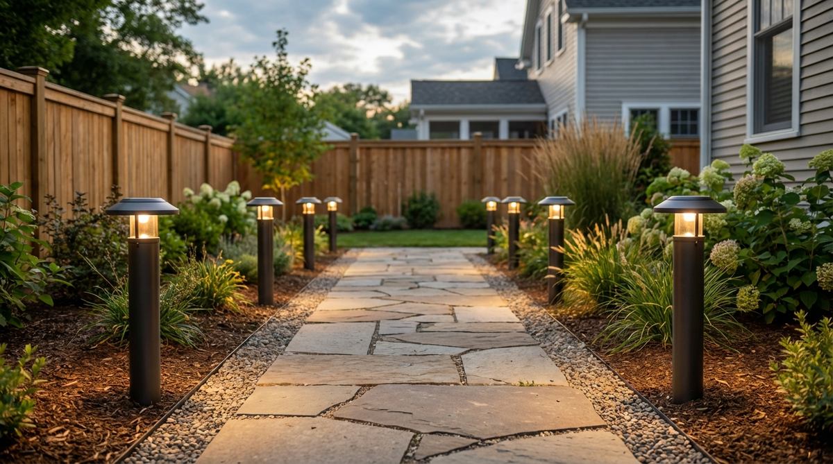 Solar pathway markers illuminating a walkway in a small garden backyard, showing modern bollard-style lights spaced every 6-8 feet along both sides of the path to enhance safety and navigation without electrical installation.